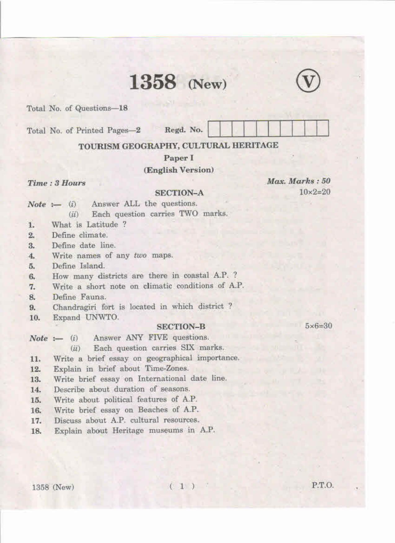 AP Inter 1st Year Tourism Geography, Cultural Heritage-I (New) May-2019-Vocational Question Paper - Page 1