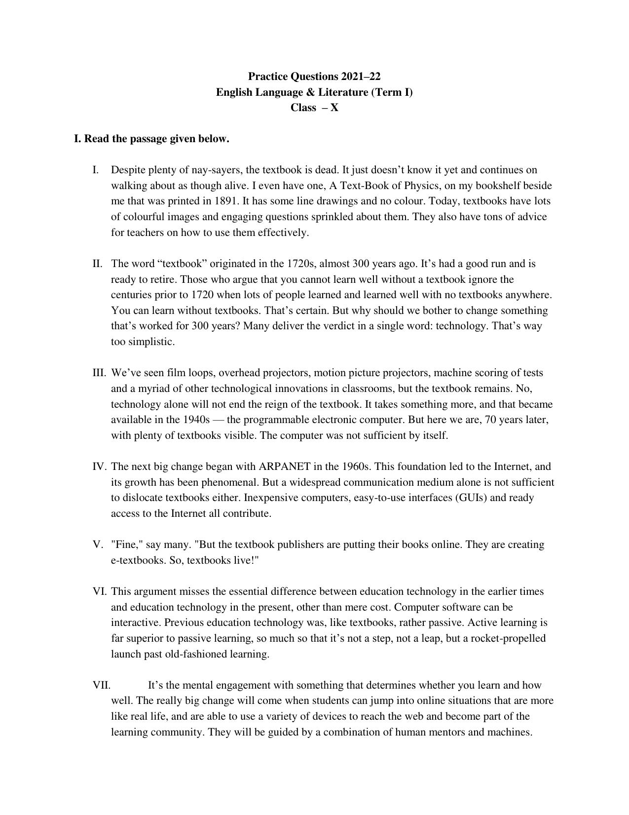 CBSE Class 10 English (Language & Literature) Practice Questions 2021-22 - Page 1