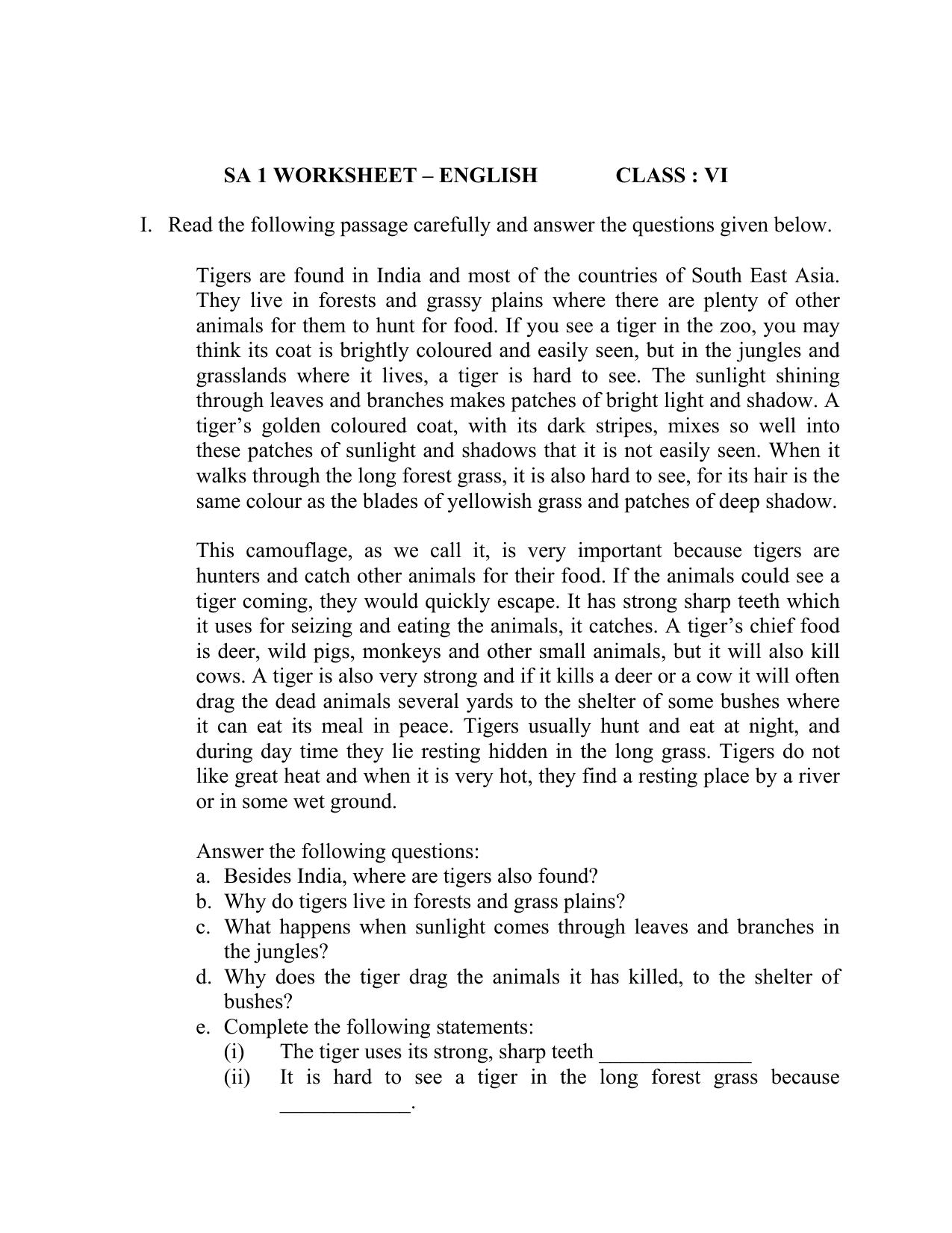 CBSE Worksheets for Class 6 English Assignment 6 - Page 1