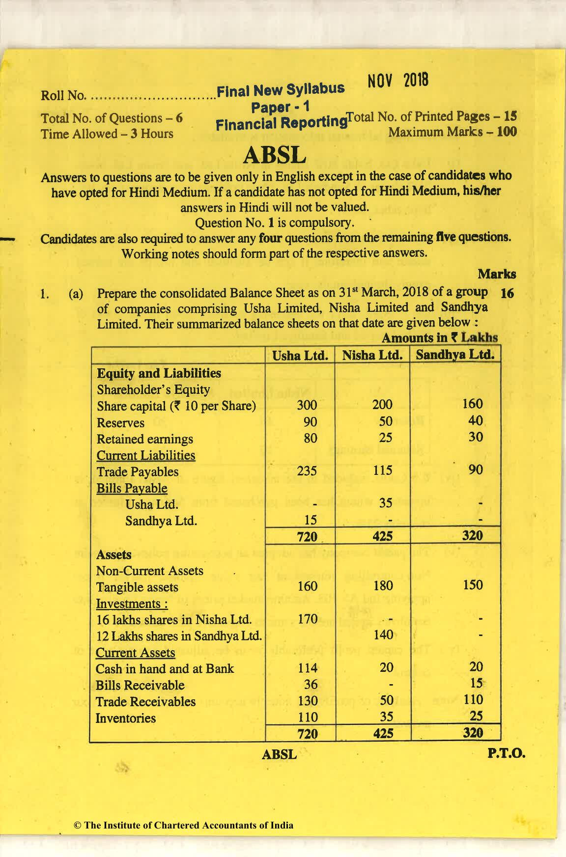 CA Final Nov 2018 Question Paper - Paper 1 – Financial Reporting - Page 1
