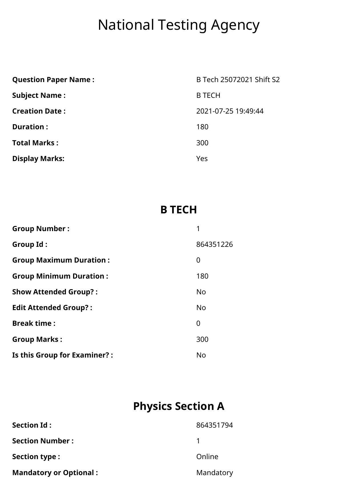 JEE Mains 2021: BTech	(Shift 2) 25-07-2021 Question Paper - Page 1