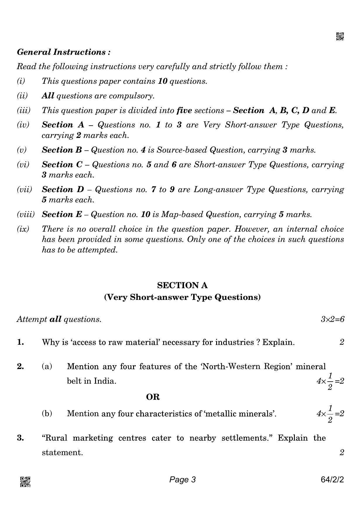 CBSE Class 12 64-2-2 Geography 2022 Question Paper - Page 3