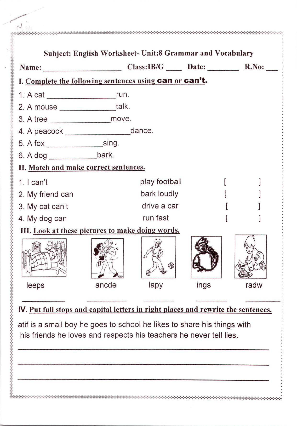 Worksheet for Class 1 English Assignment 28 Grammer and Vocabulary - Page 1