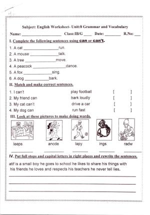 Worksheet for Class 1 English Assignment 28 Grammer and Vocabulary