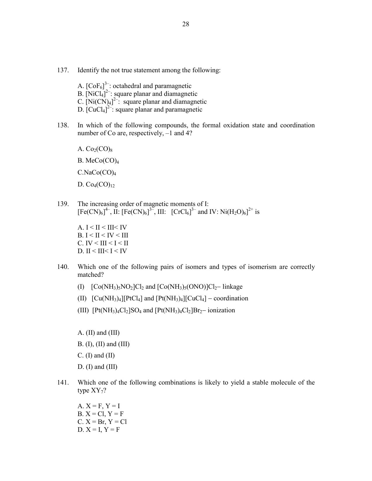 CUSAT CAT 2016 Chemistry Question Paper - Page 28