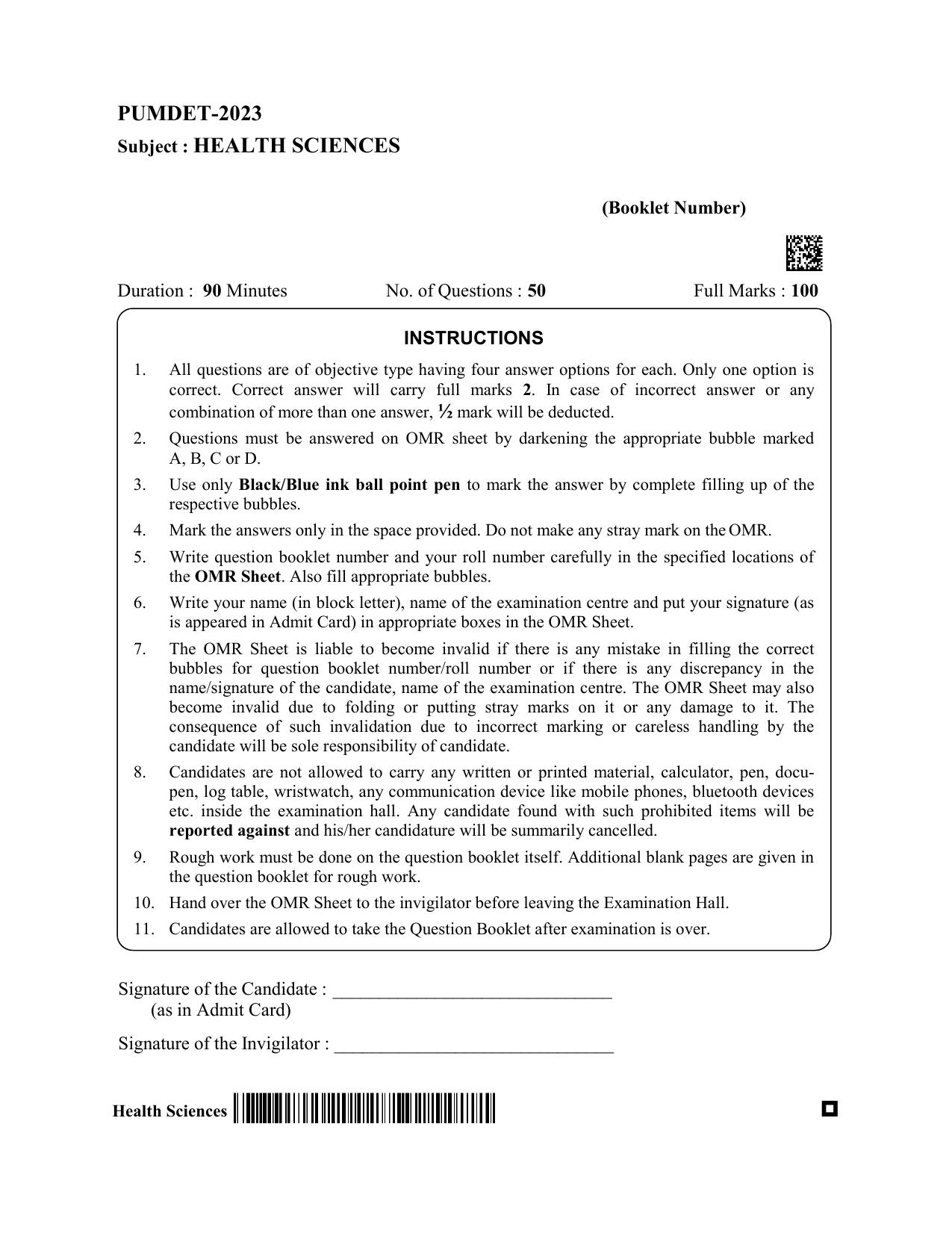 PUMDET 2023 Health Science Question Paper - Page 1