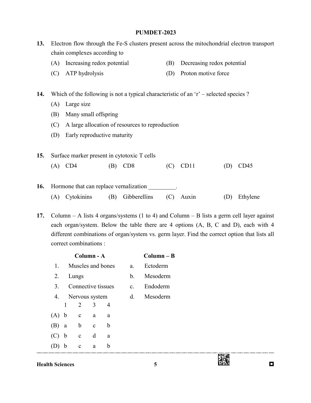 PUMDET 2023 Health Science Question Paper - Page 5
