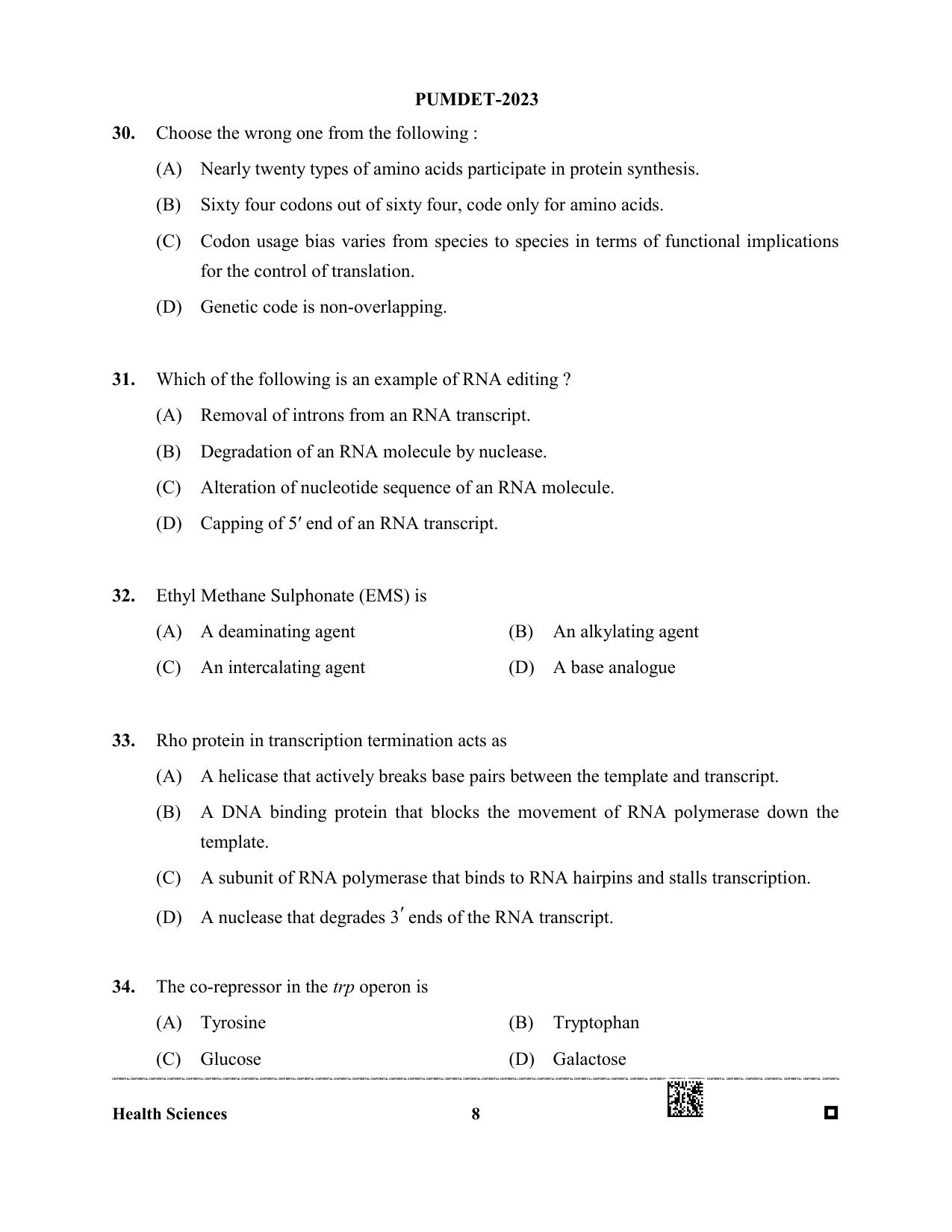 PUMDET 2023 Health Science Question Paper - Page 8
