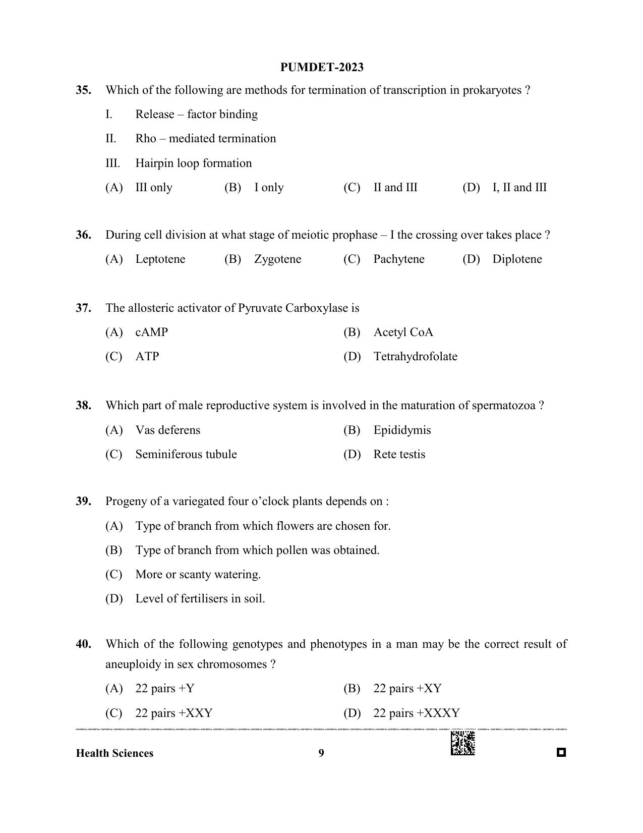 PUMDET 2023 Health Science Question Paper - Page 9