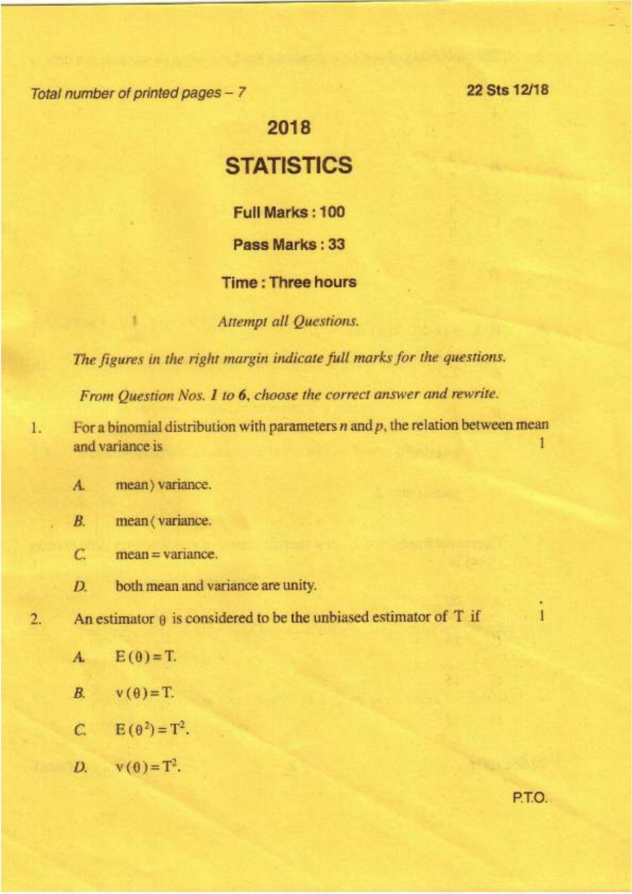COHSEM Class 12 Statistics 2018 Question Papers - Page 1