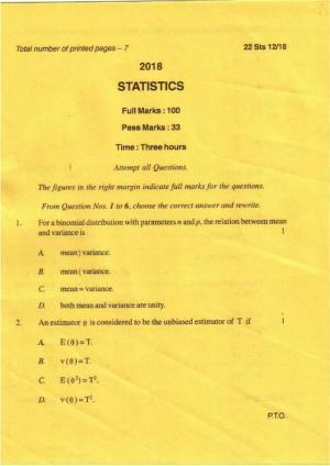 COHSEM Class 12 Statistics 2018 Question Papers