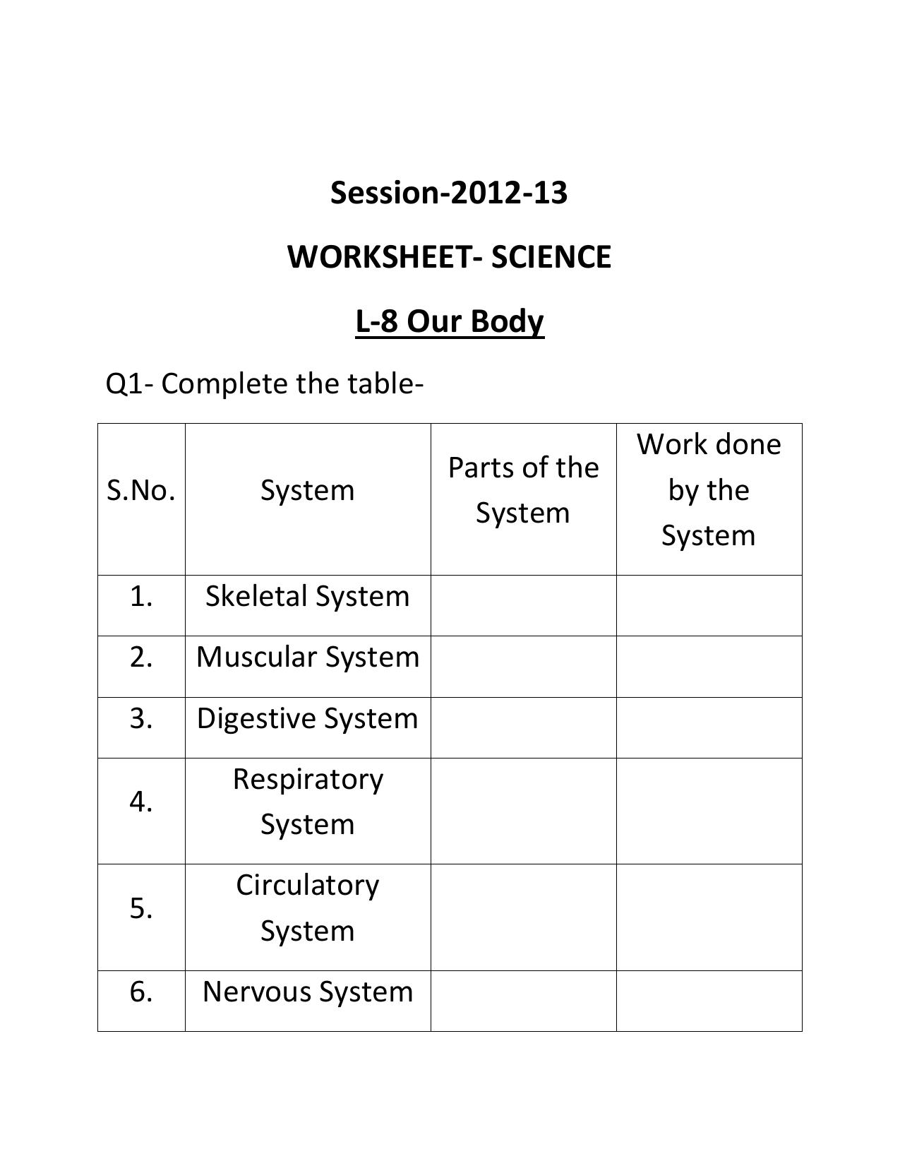 Worksheet for Class 3 Science Assignment 3 Our Body - Page 1