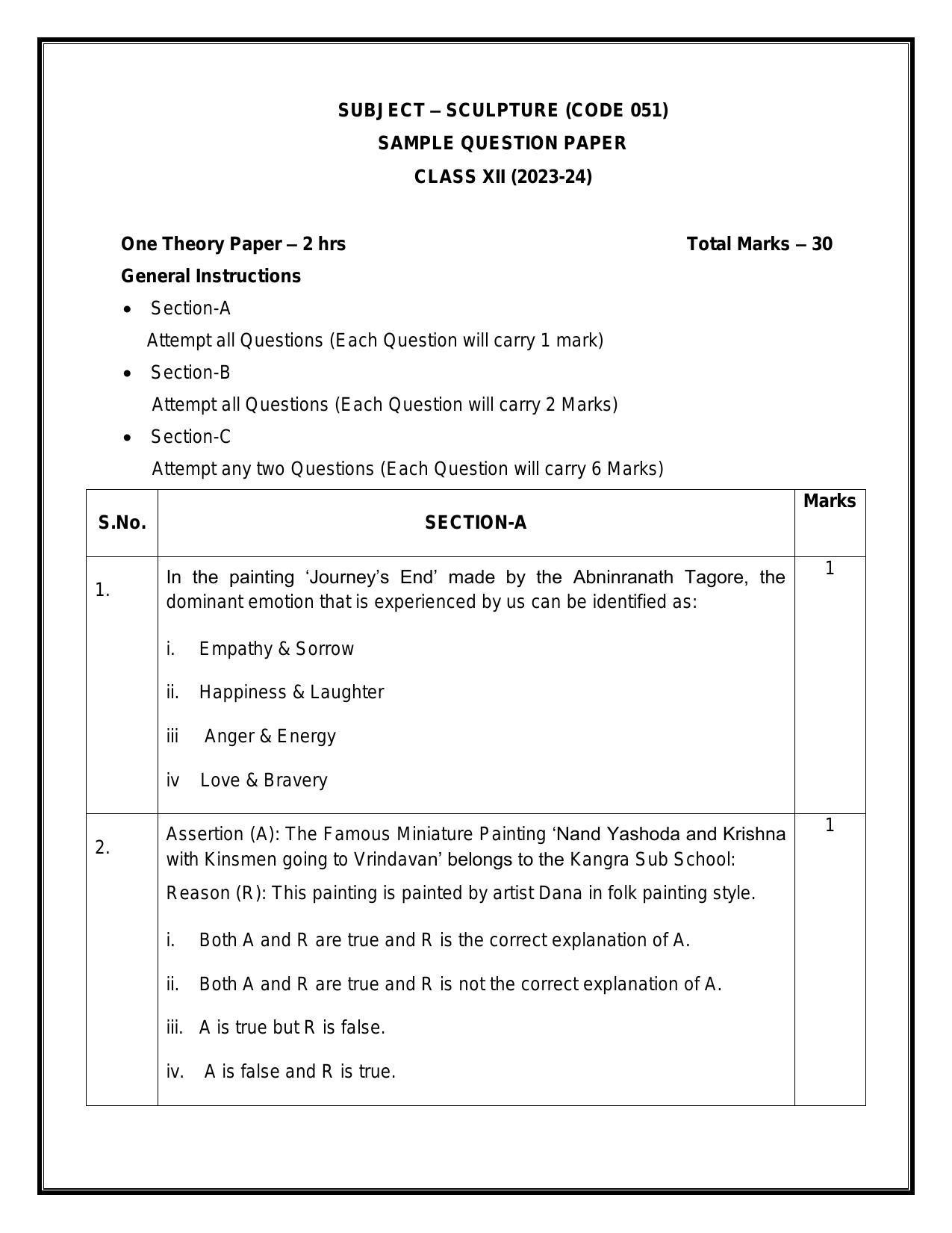 CBSE Class 12 Sculpture Sample Paper 2024 - Page 1