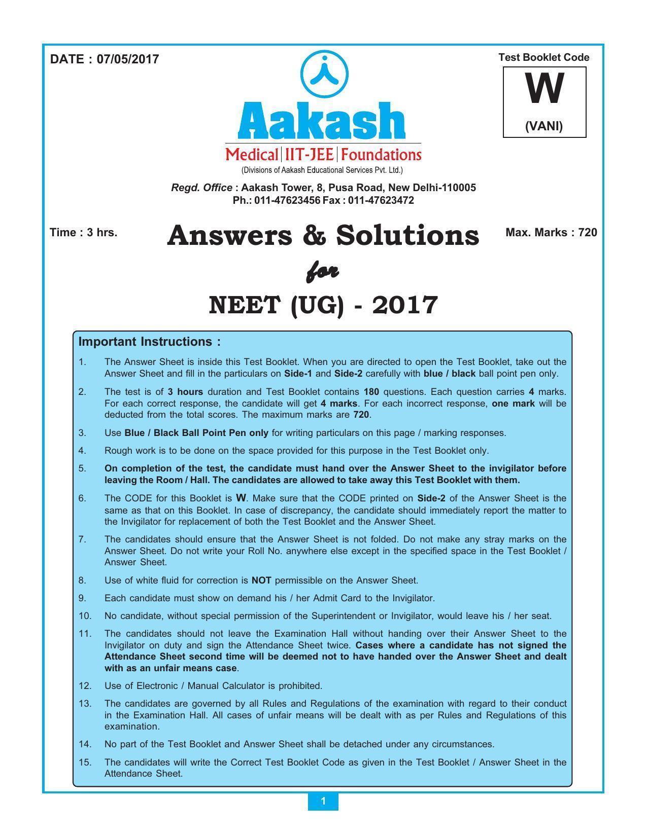  NEET Code W 2017 Answer & Solutions - Page 1