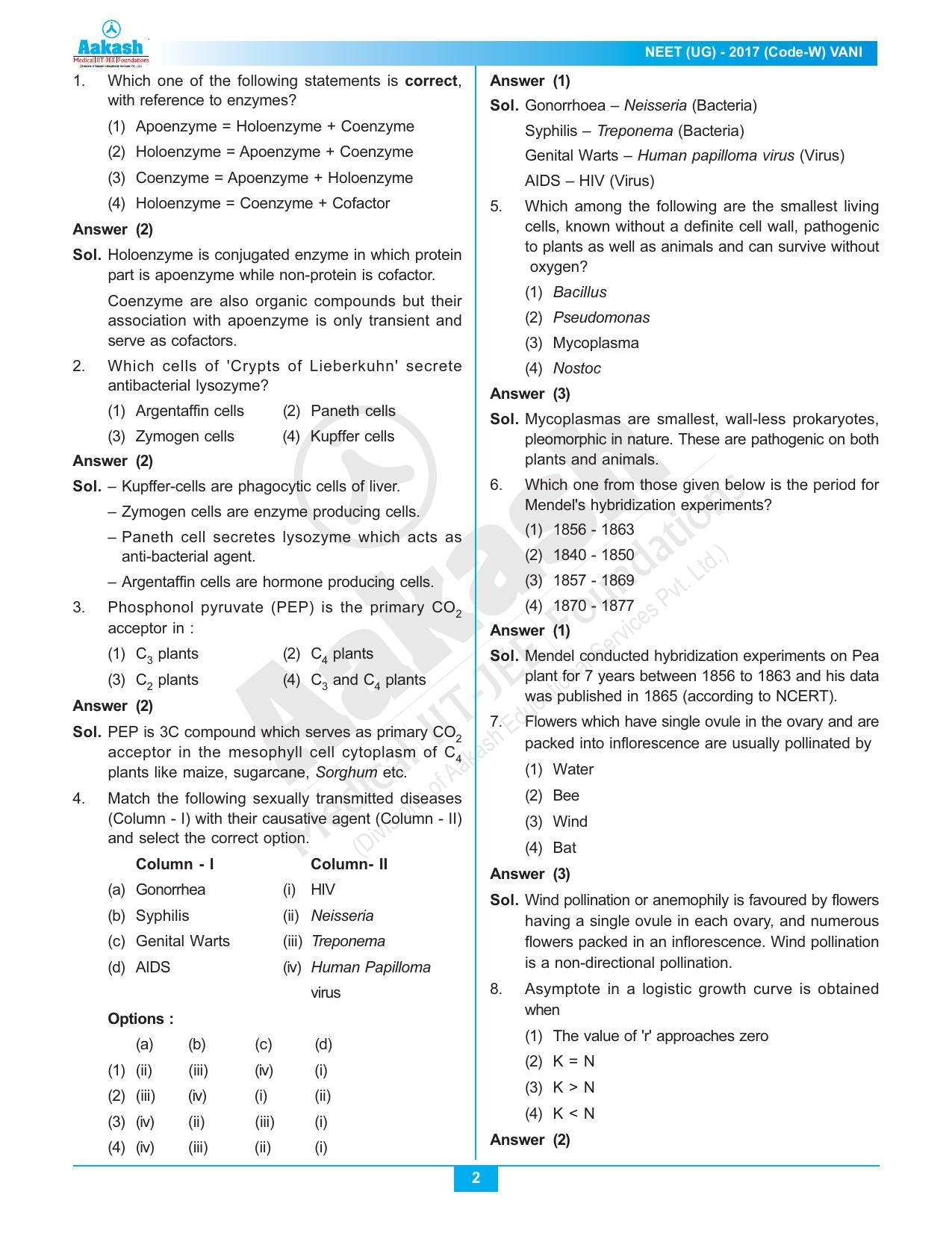  NEET Code W 2017 Answer & Solutions - Page 2