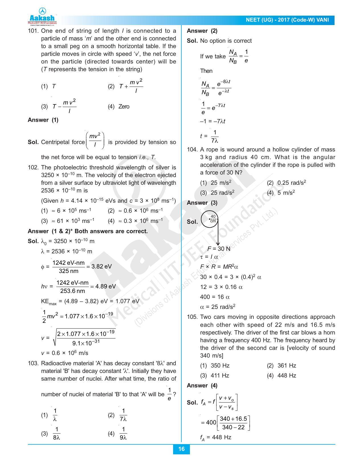  NEET Code W 2017 Answer & Solutions - Page 16