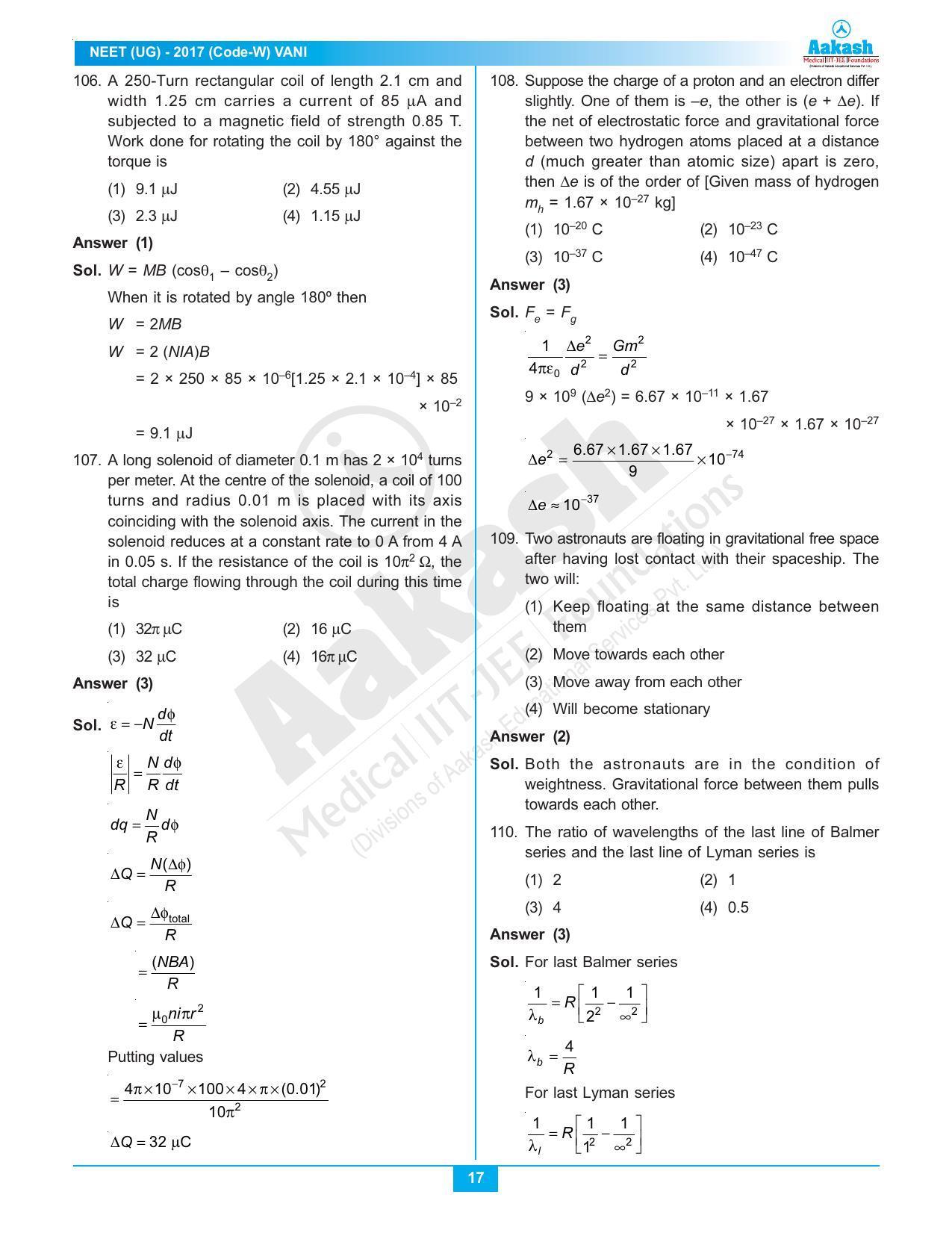  NEET Code W 2017 Answer & Solutions - Page 17