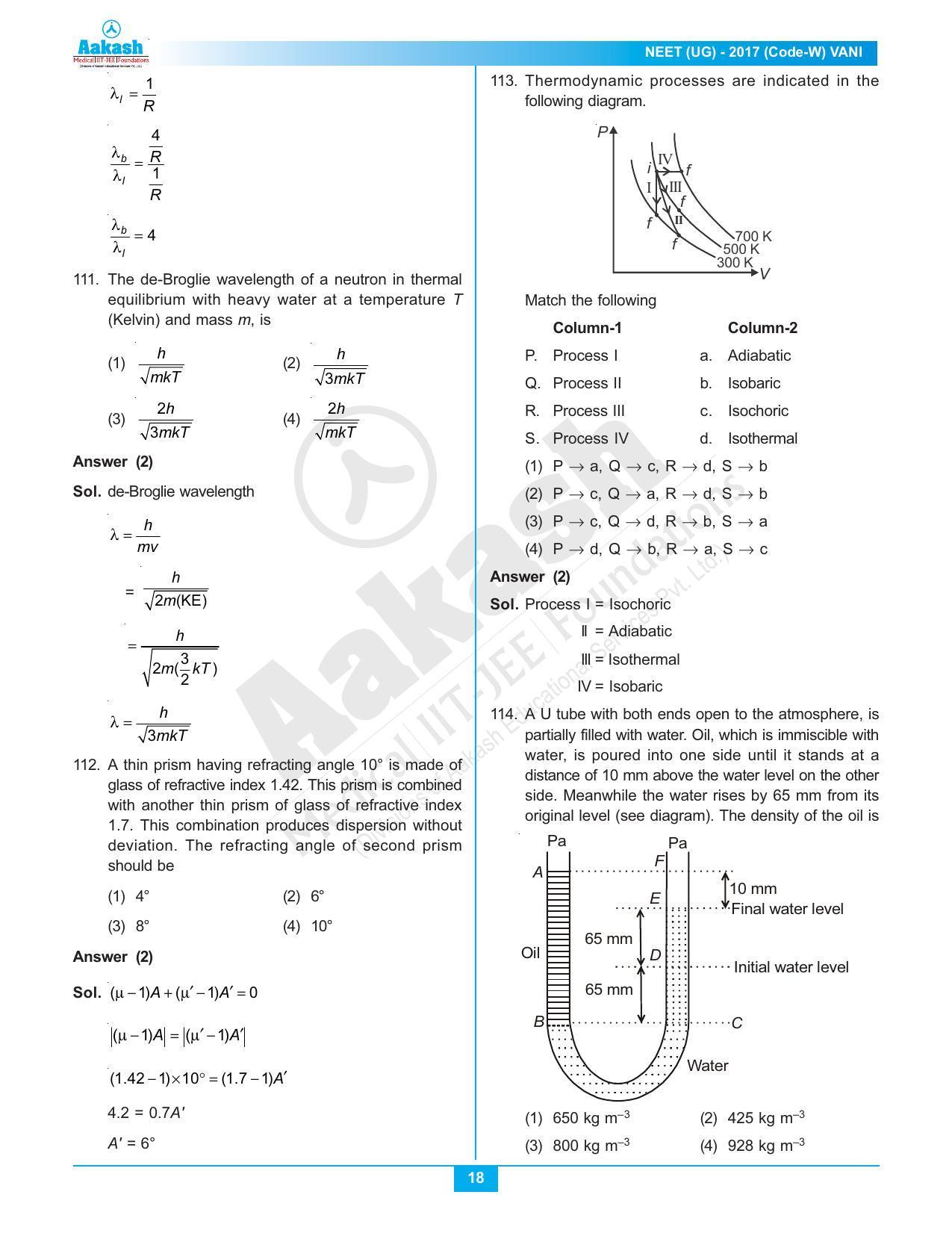  NEET Code W 2017 Answer & Solutions - Page 18