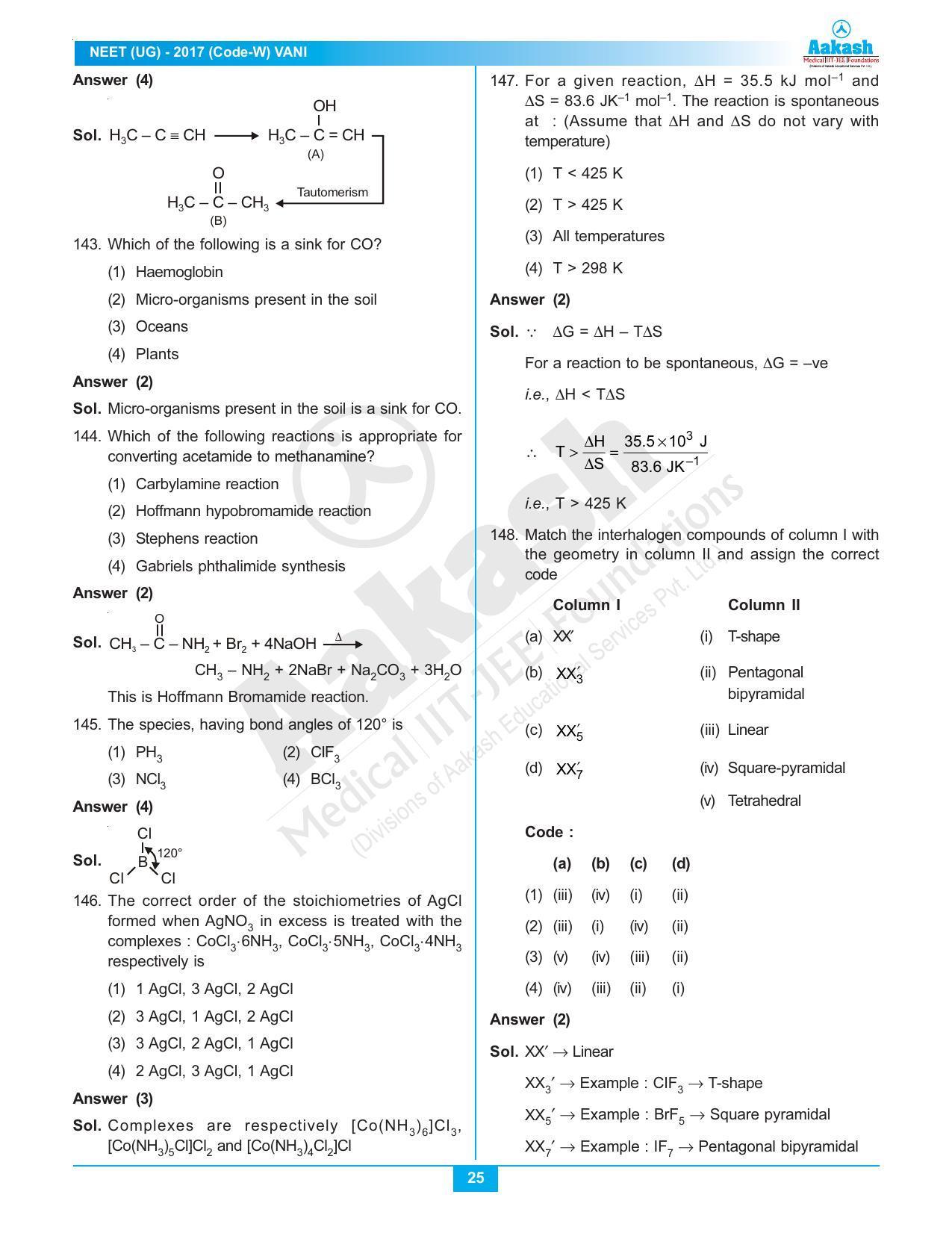 NEET Code W 2017 Answer & Solutions - Page 25