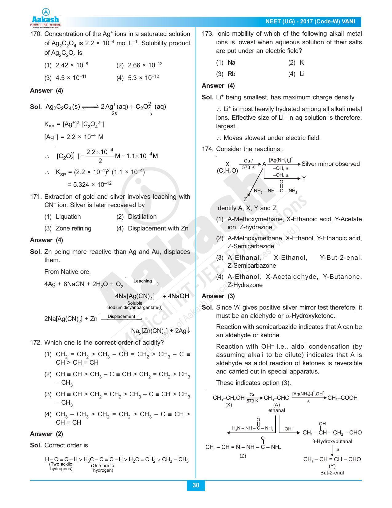  NEET Code W 2017 Answer & Solutions - Page 30