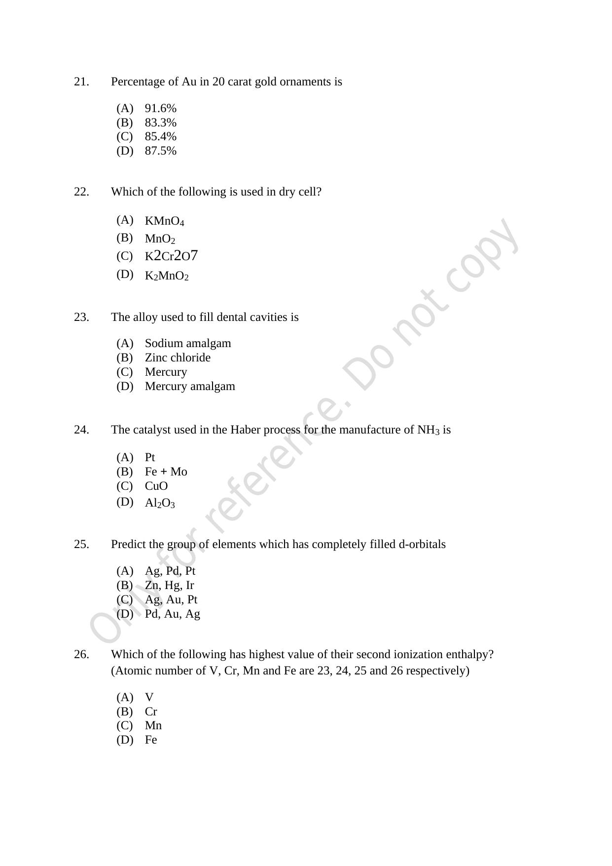 CUSAT CAT 2021 Chemistry Question Paper - Page 5