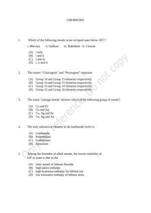 CUSAT CAT 2021 Chemistry Question Paper