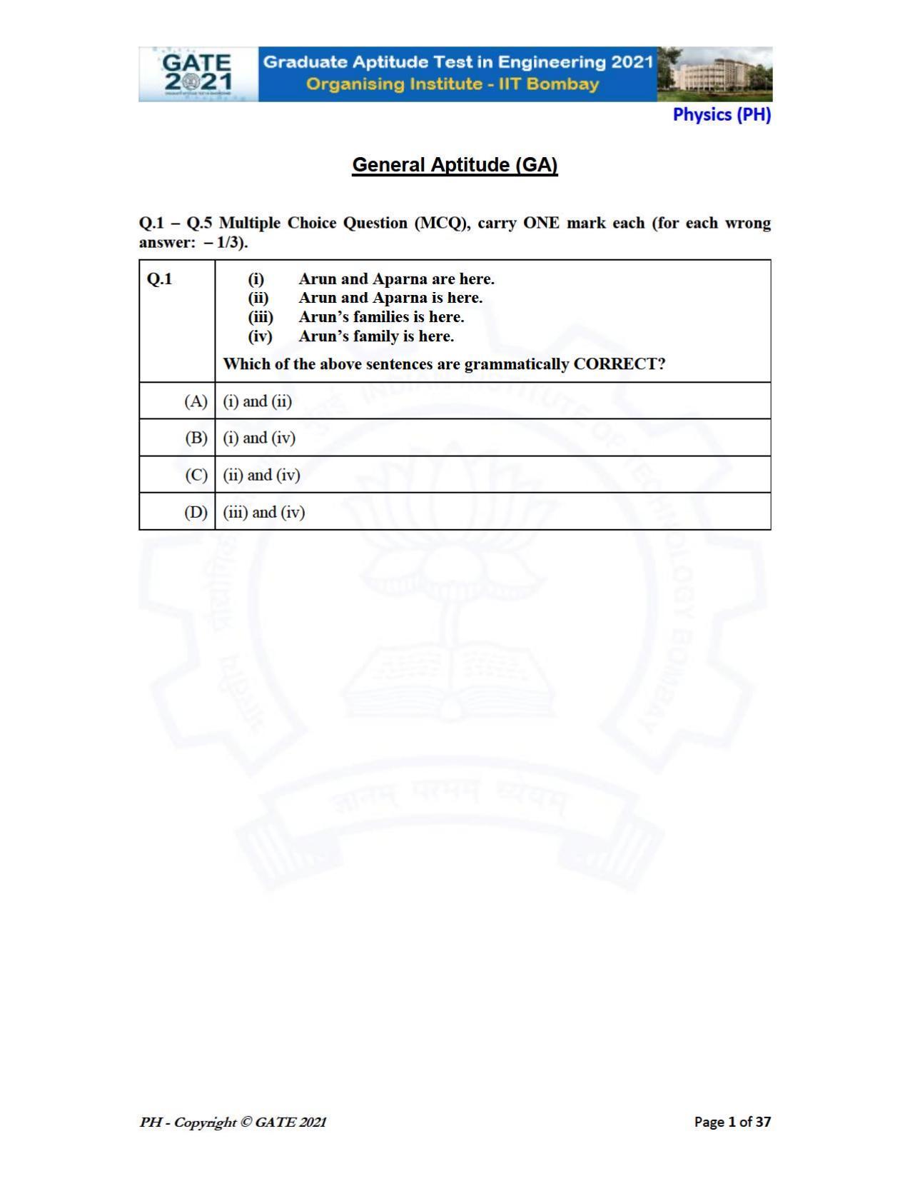 GATE 2021 Physics (PH) Question Paper - Page 1