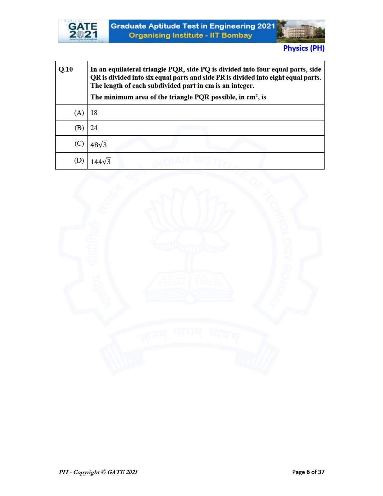 GATE 2021 Physics (PH) Question Paper - Page 6