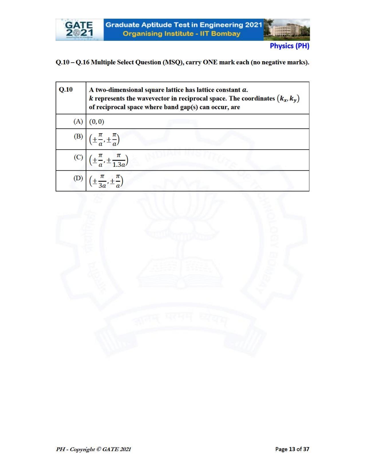 GATE 2021 Physics (PH) Question Paper - Page 13