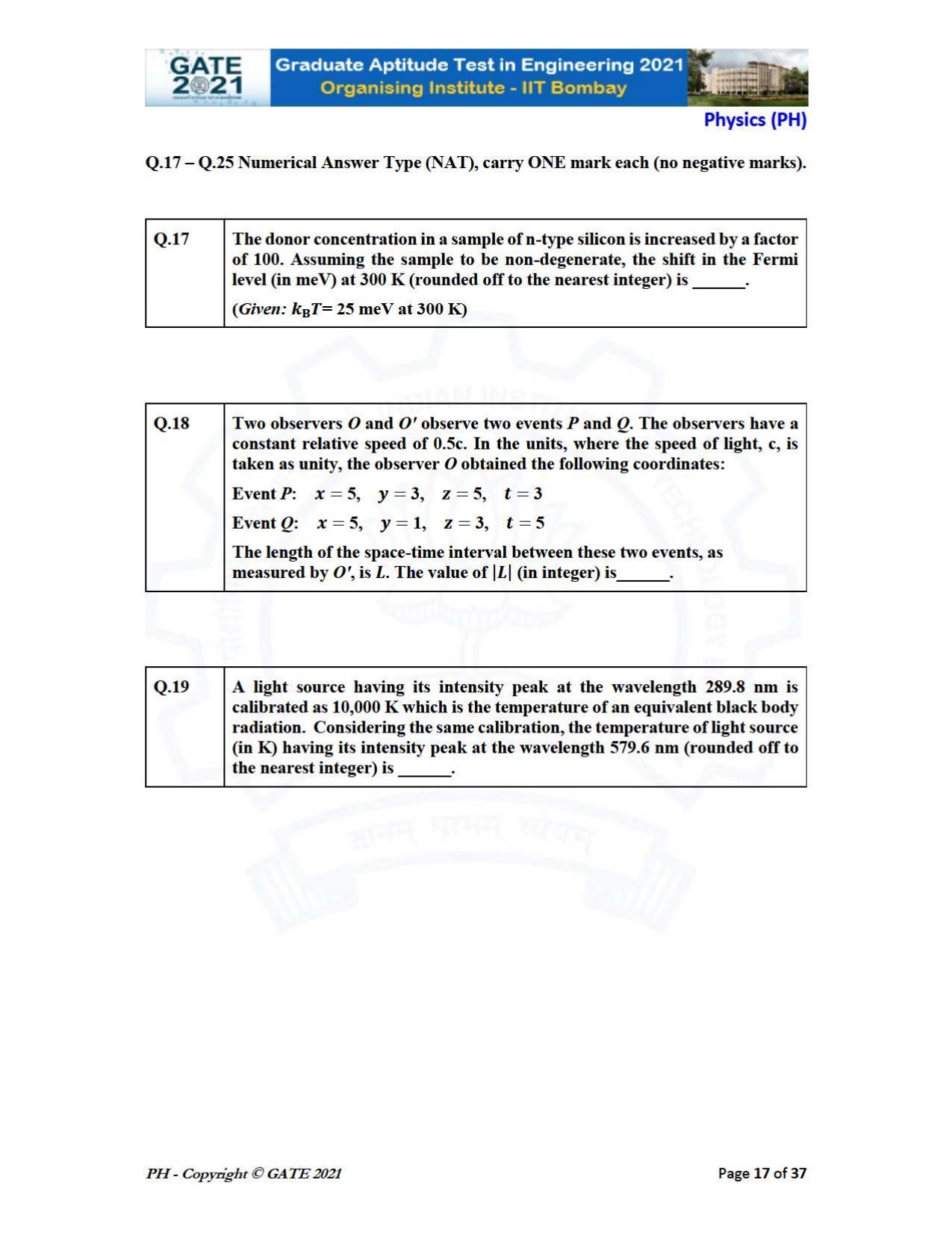 GATE 2021 Physics (PH) Question Paper - Page 17