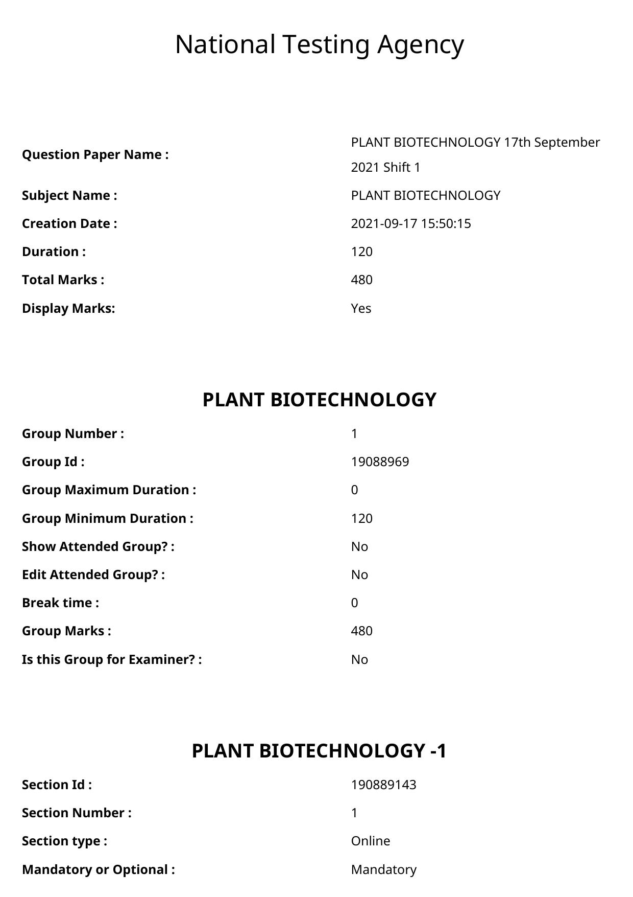 ICAR AIEEA PG 2021 PLANT BIOTECHNOLOGY Question Paper - Page 1