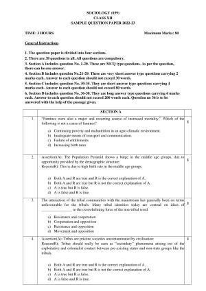 CBSE Class 12 Sociology Sample Paper 2023