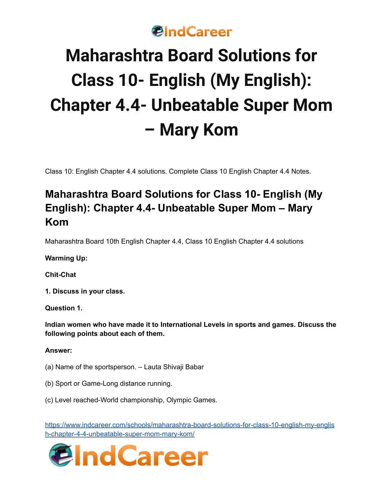 Maharashtra Board Solutions for Class 10- English (My English): Chapter 4.4- Unbeatable Super Mom – Mary Kom - Page 2