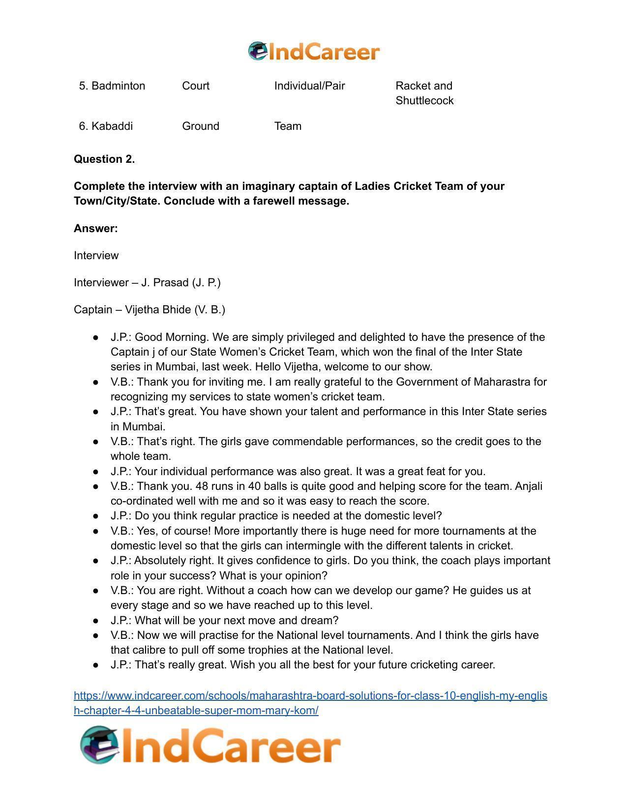Maharashtra Board Solutions for Class 10- English (My English): Chapter 4.4- Unbeatable Super Mom – Mary Kom - Page 4