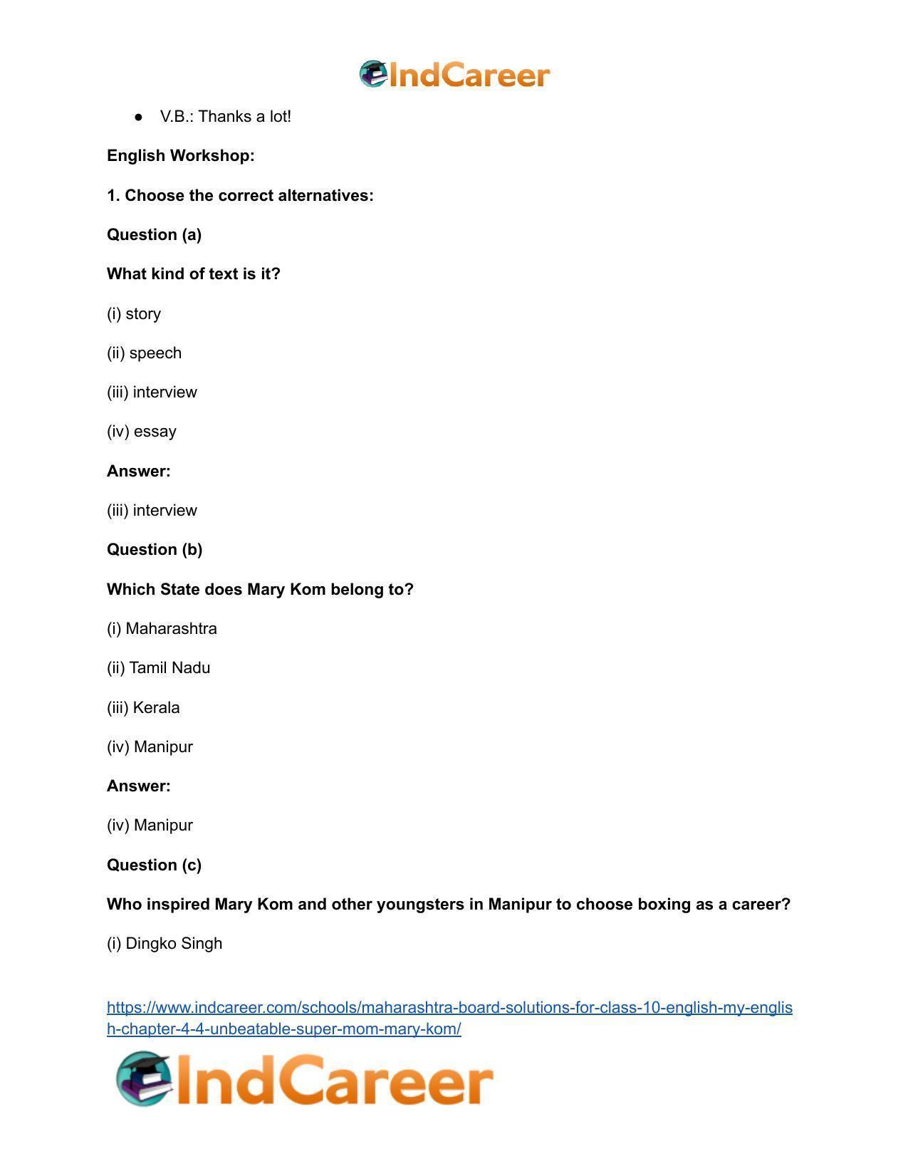 Maharashtra Board Solutions for Class 10- English (My English): Chapter 4.4- Unbeatable Super Mom – Mary Kom - Page 5