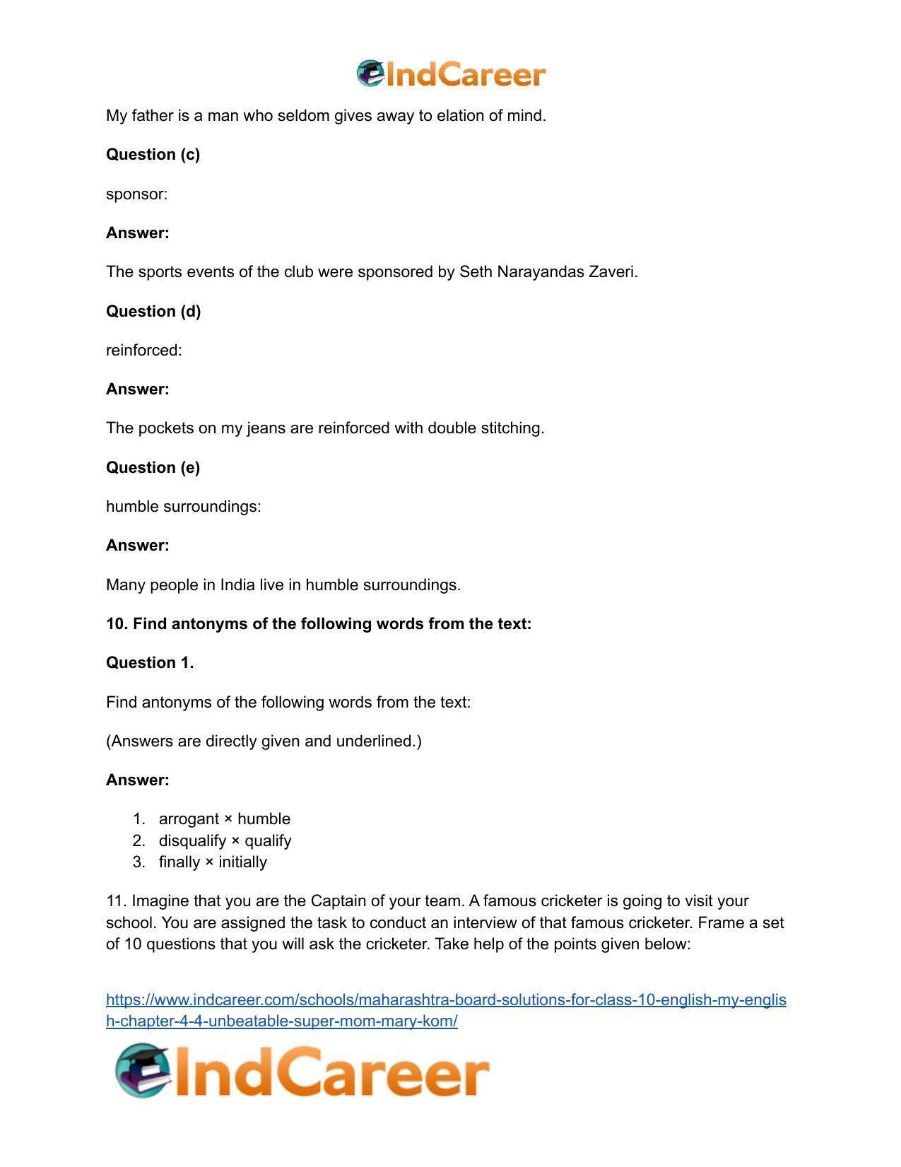 Maharashtra Board Solutions for Class 10- English (My English): Chapter 4.4- Unbeatable Super Mom – Mary Kom - Page 13