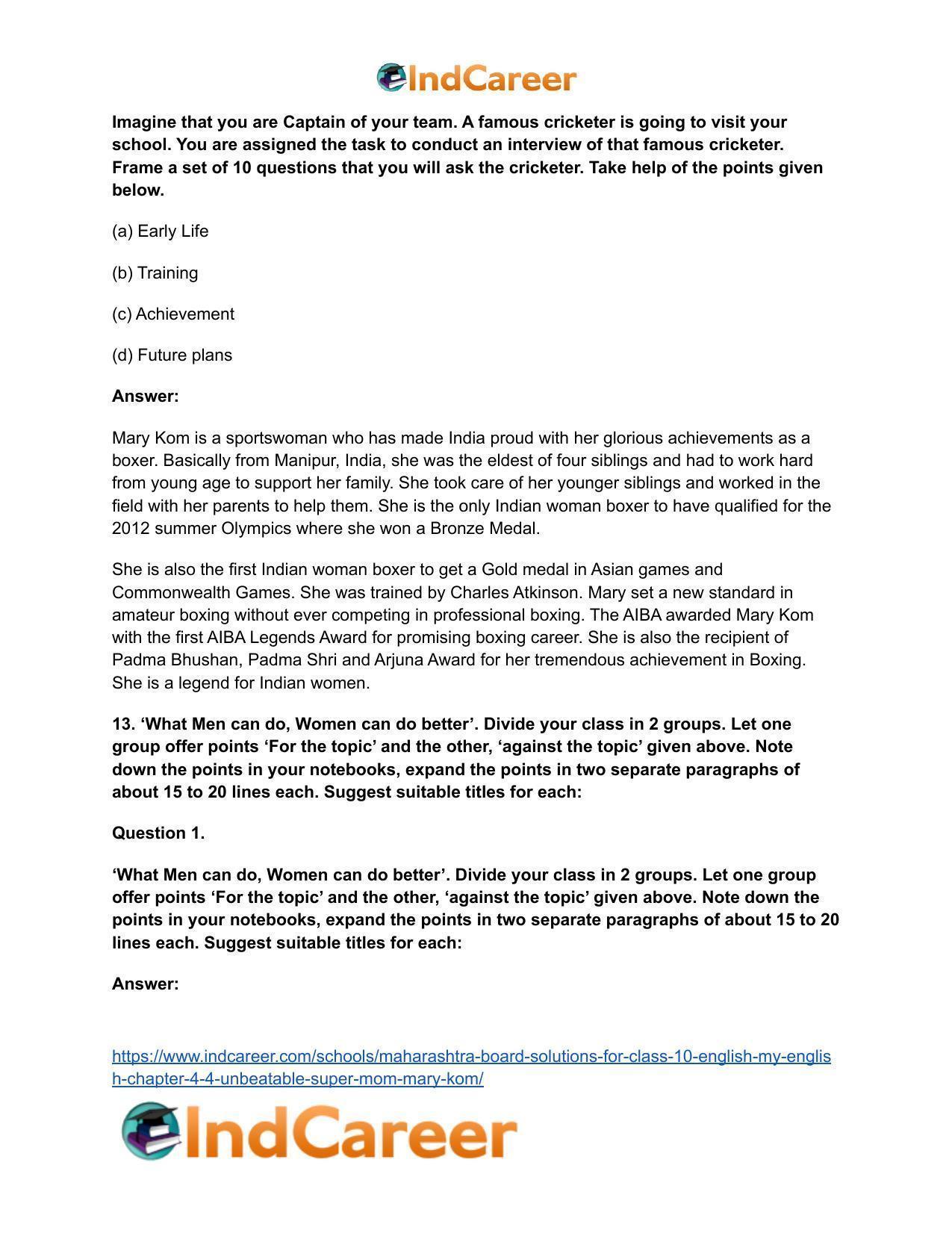 Maharashtra Board Solutions for Class 10- English (My English): Chapter 4.4- Unbeatable Super Mom – Mary Kom - Page 15