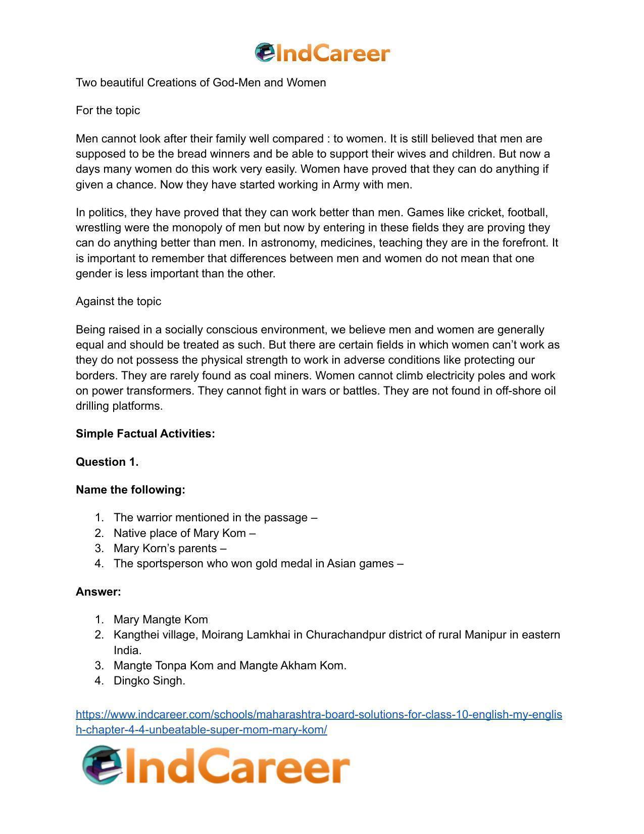 Maharashtra Board Solutions for Class 10- English (My English): Chapter 4.4- Unbeatable Super Mom – Mary Kom - Page 16