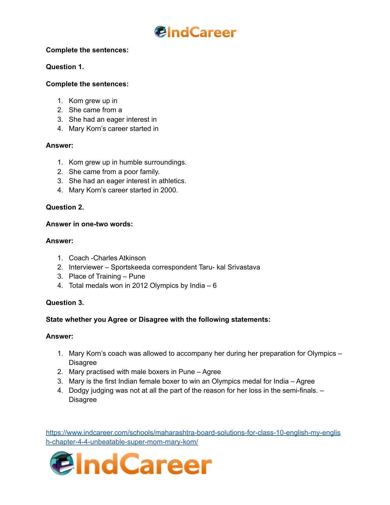 Maharashtra Board Solutions for Class 10- English (My English): Chapter 4.4- Unbeatable Super Mom – Mary Kom - Page 17