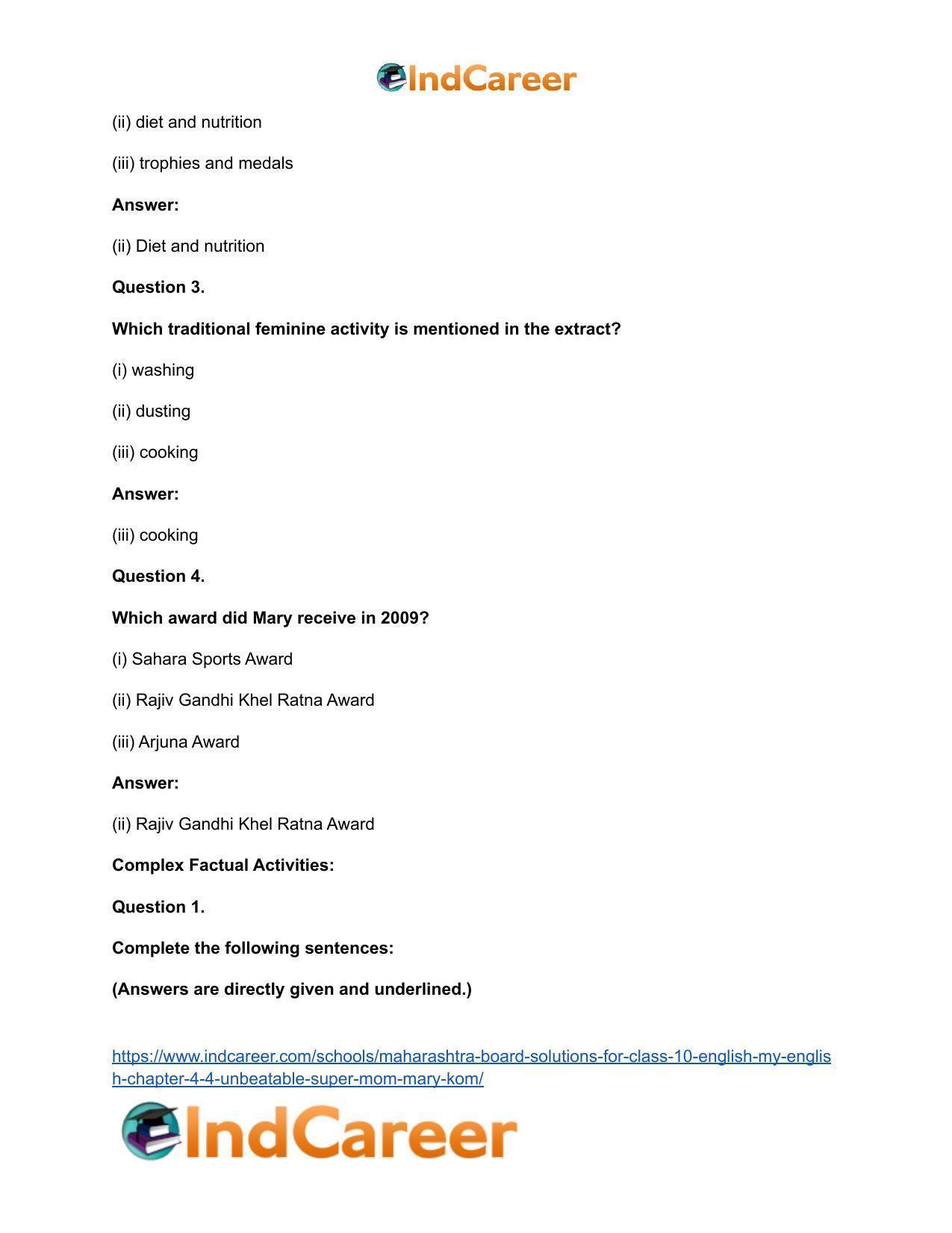 Maharashtra Board Solutions for Class 10- English (My English): Chapter 4.4- Unbeatable Super Mom – Mary Kom - Page 19
