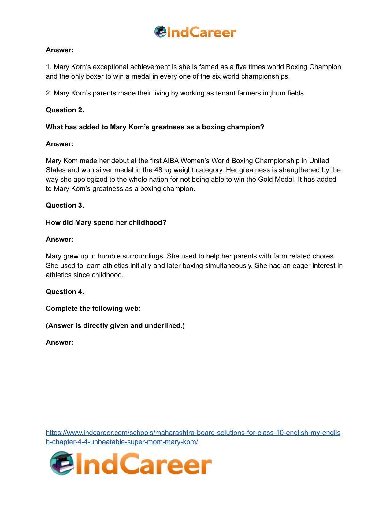Maharashtra Board Solutions for Class 10- English (My English): Chapter 4.4- Unbeatable Super Mom – Mary Kom - Page 20