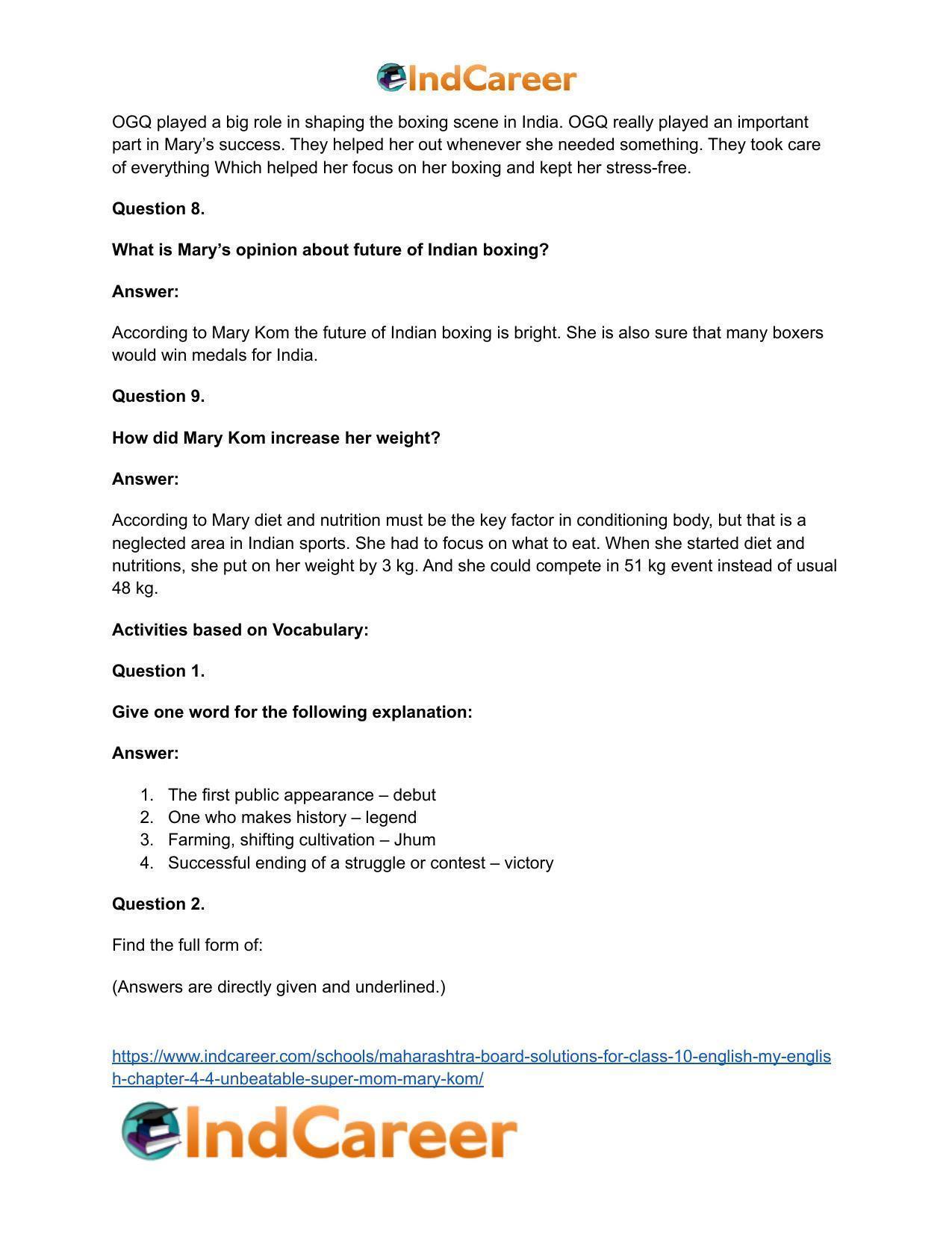 Maharashtra Board Solutions for Class 10- English (My English): Chapter 4.4- Unbeatable Super Mom – Mary Kom - Page 22
