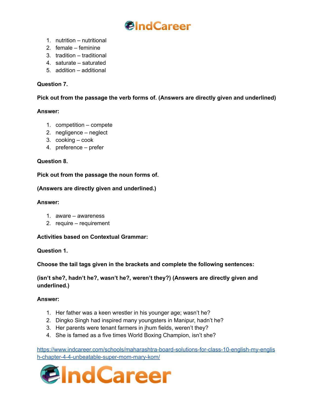 Maharashtra Board Solutions for Class 10- English (My English): Chapter 4.4- Unbeatable Super Mom – Mary Kom - Page 27