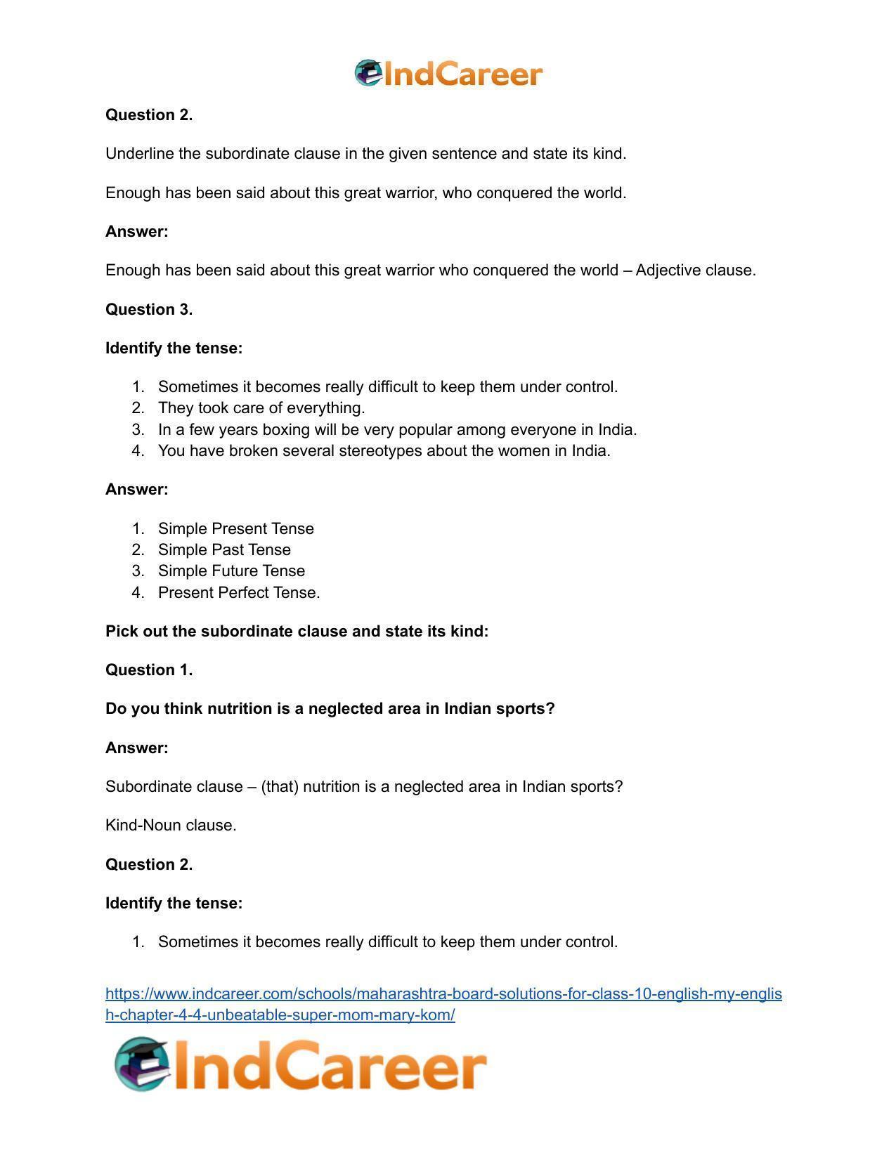 Maharashtra Board Solutions for Class 10- English (My English): Chapter 4.4- Unbeatable Super Mom – Mary Kom - Page 28