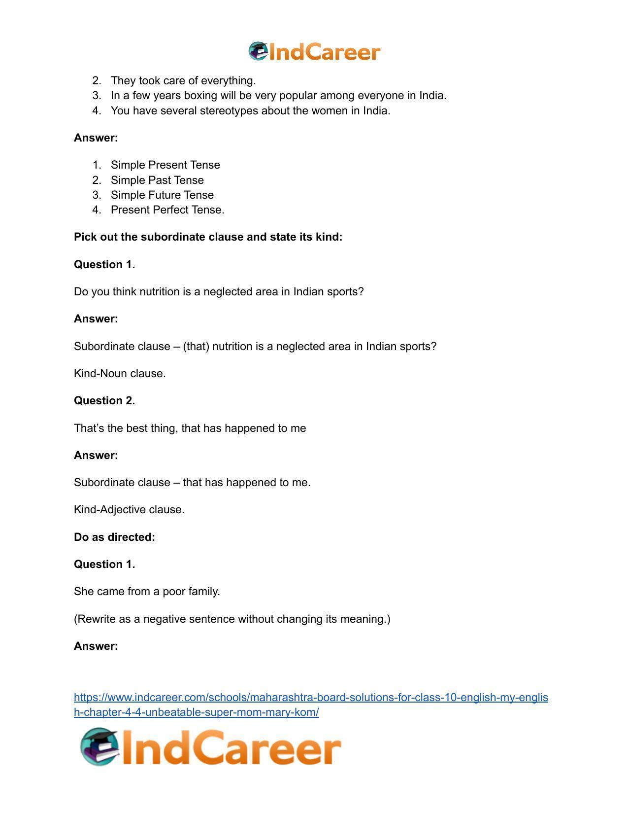 Maharashtra Board Solutions for Class 10- English (My English): Chapter 4.4- Unbeatable Super Mom – Mary Kom - Page 29