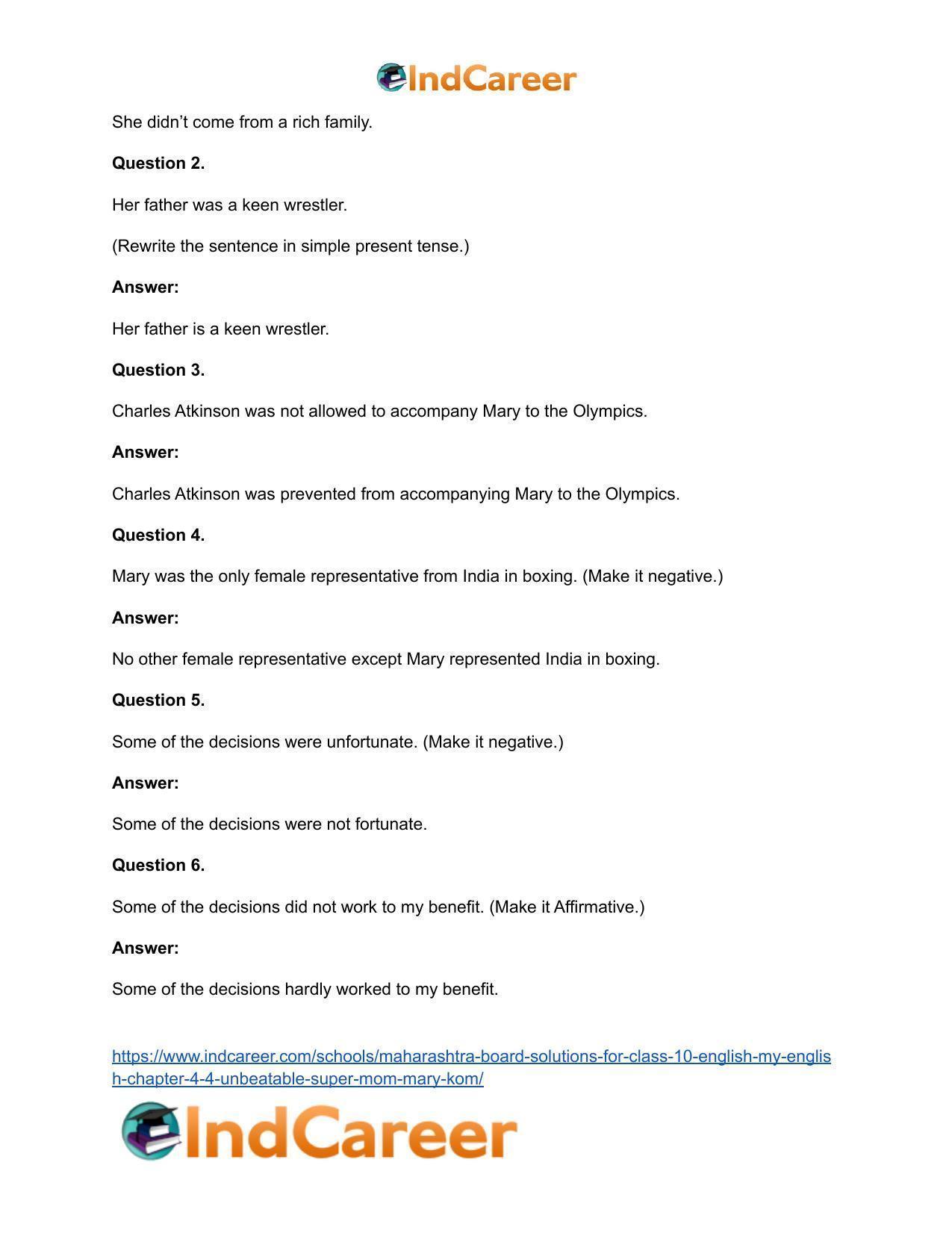 Maharashtra Board Solutions for Class 10- English (My English): Chapter 4.4- Unbeatable Super Mom – Mary Kom - Page 30