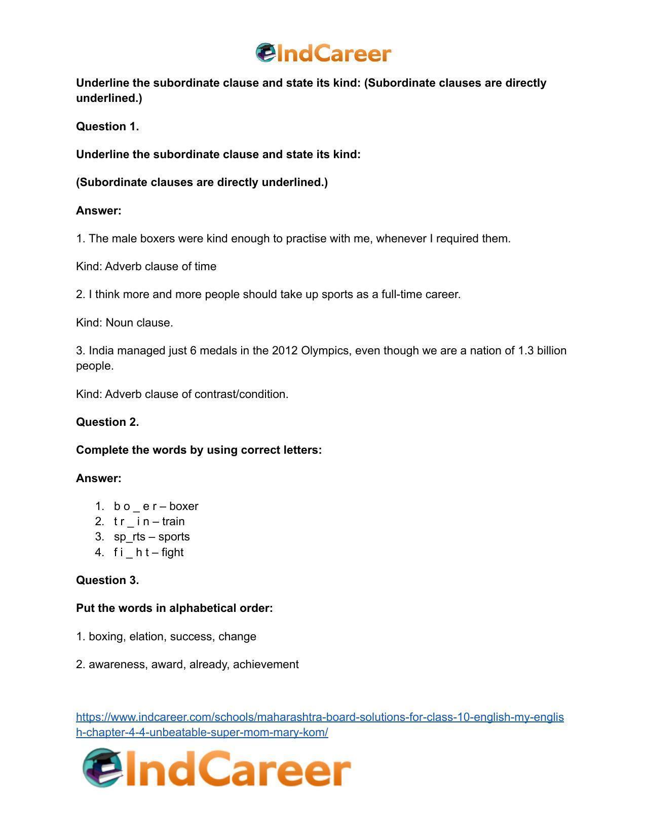 Maharashtra Board Solutions for Class 10- English (My English): Chapter 4.4- Unbeatable Super Mom – Mary Kom - Page 31