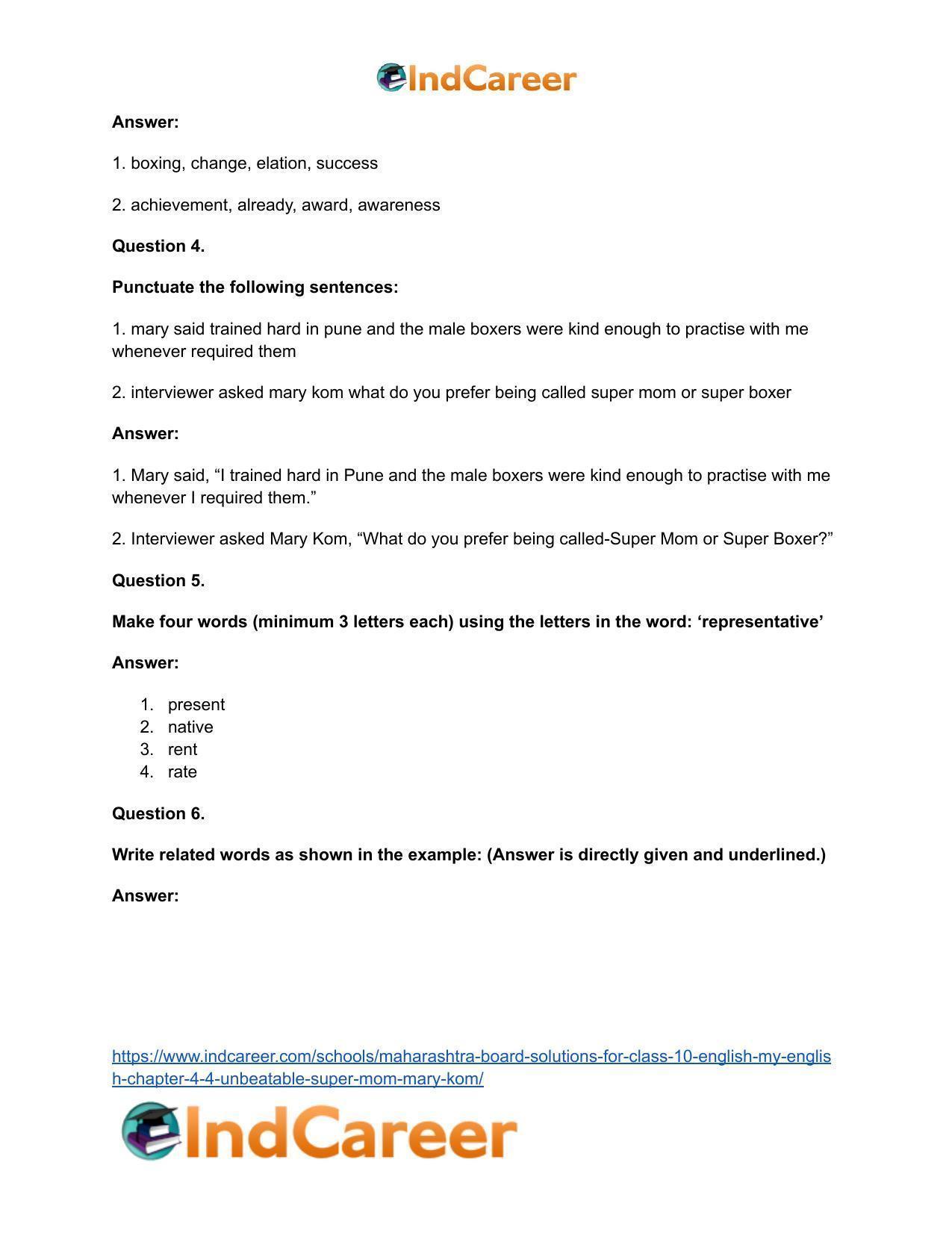 Maharashtra Board Solutions for Class 10- English (My English): Chapter 4.4- Unbeatable Super Mom – Mary Kom - Page 32