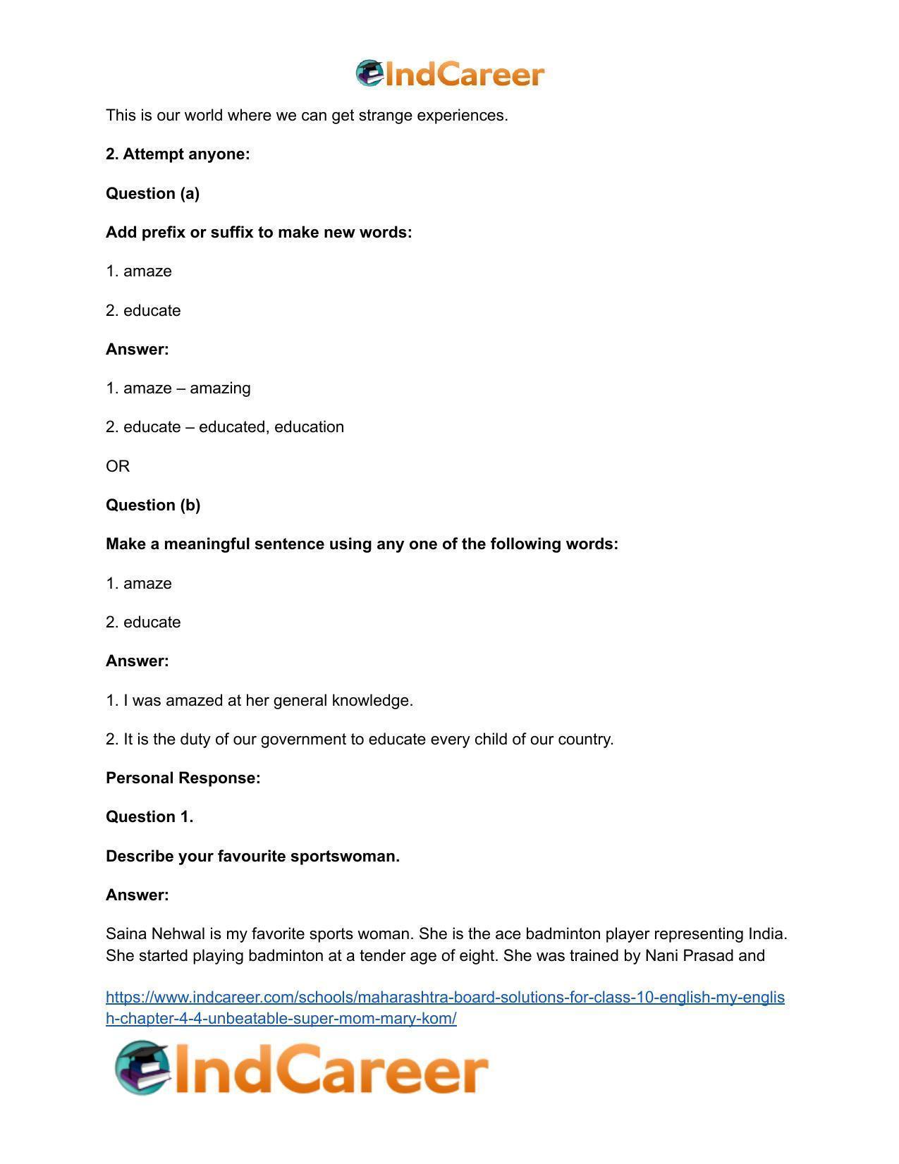 Maharashtra Board Solutions for Class 10- English (My English): Chapter 4.4- Unbeatable Super Mom – Mary Kom - Page 34