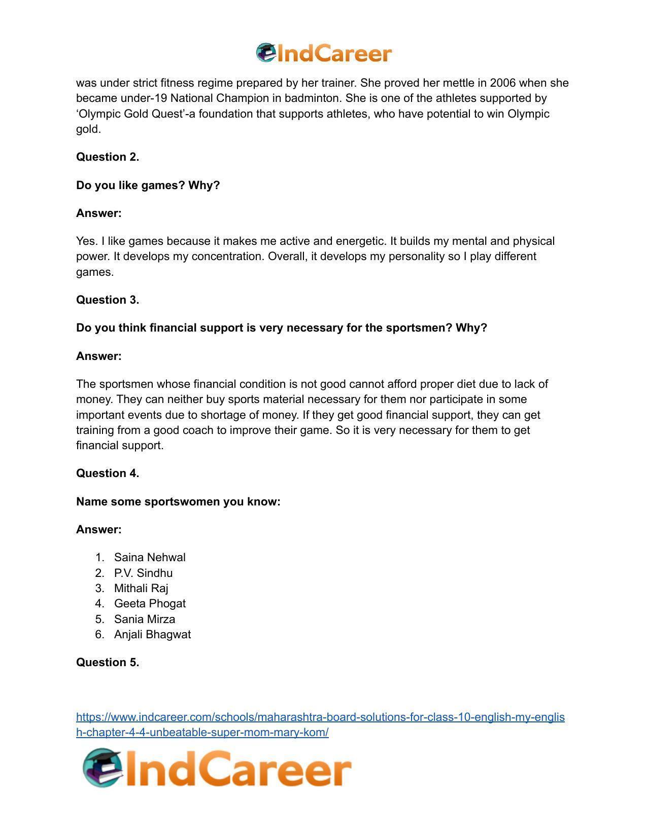 Maharashtra Board Solutions for Class 10- English (My English): Chapter 4.4- Unbeatable Super Mom – Mary Kom - Page 35